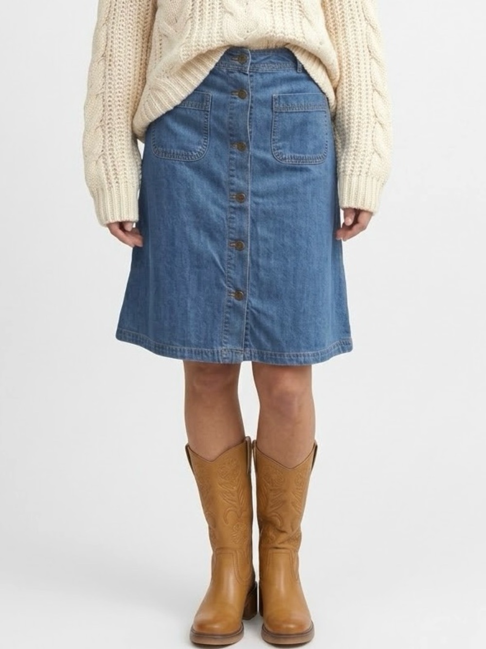Life in Progress Button Front Denim Skirt Size Small Patch Pocket A-Line Knee
